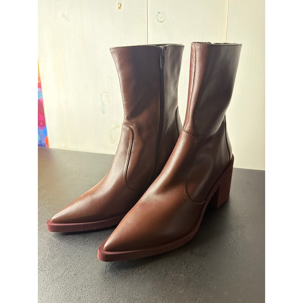Equitare Brown Leather Pointed Toe Block Heel Ankle Boots EU 38 Spain